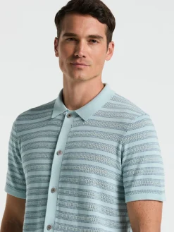 Button-Front Striped Polo Sweater