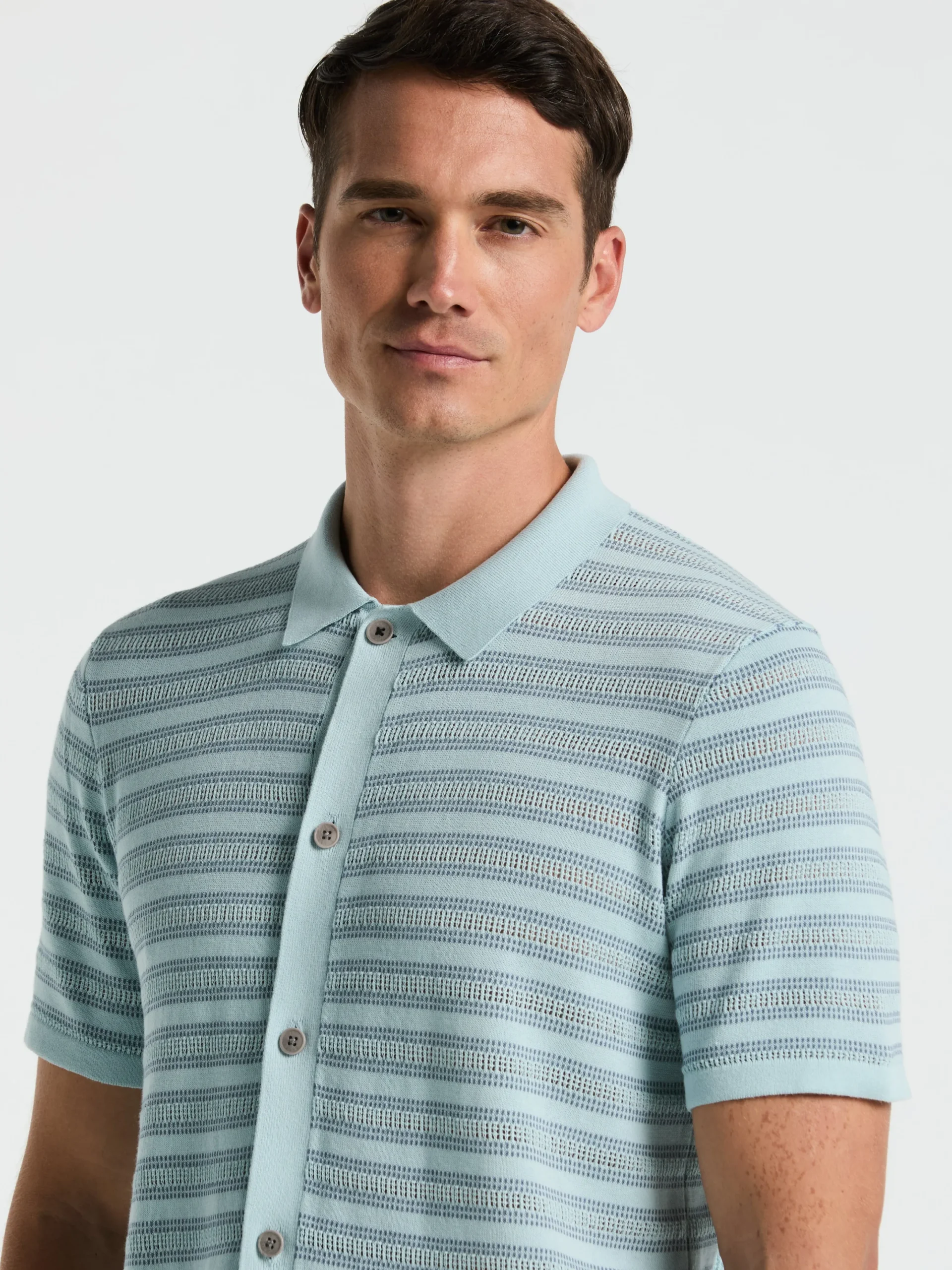 Button-Front Striped Polo Sweater