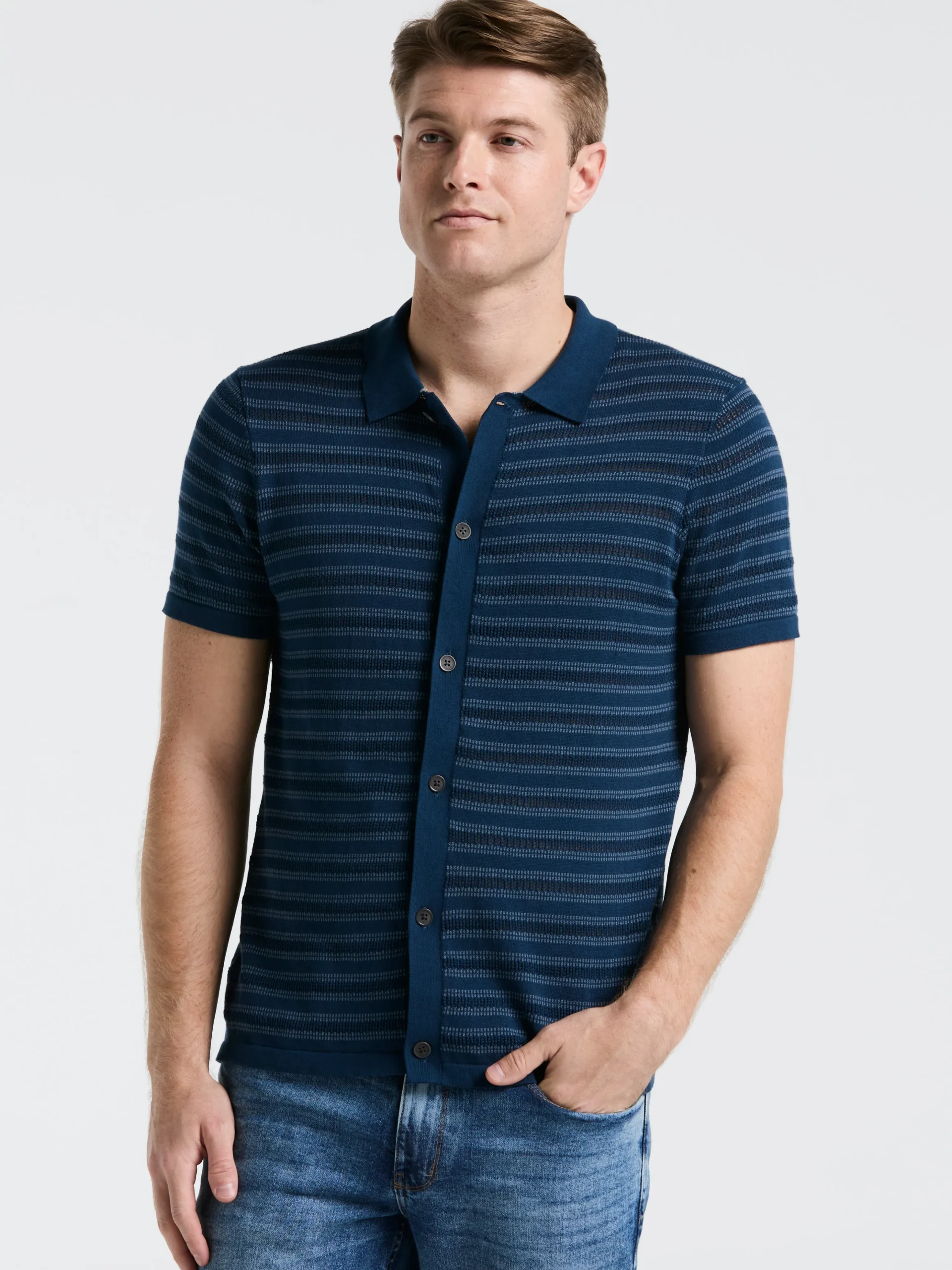 Button-Front Striped Polo Sweater