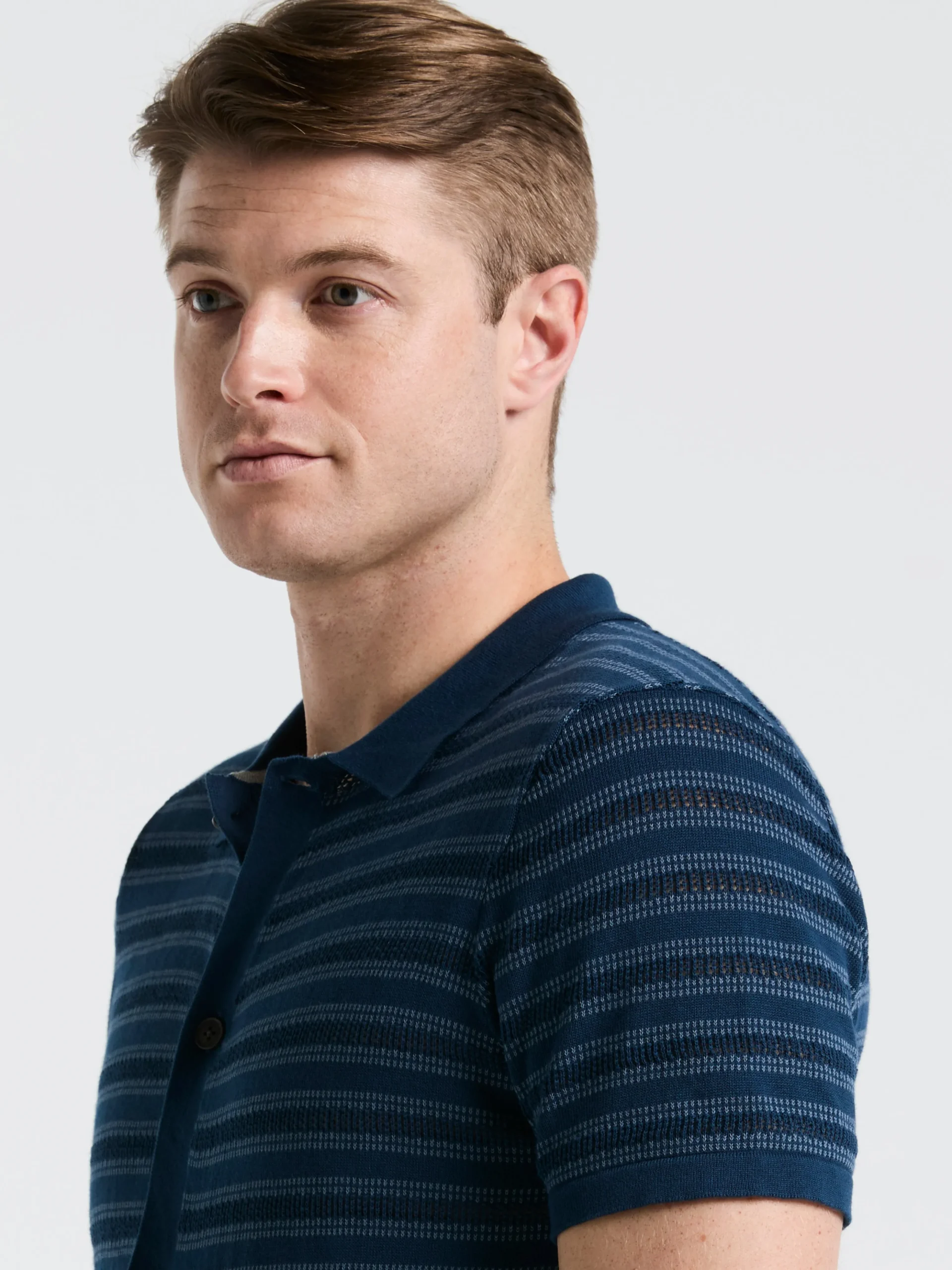 Button-Front Striped Polo Sweater