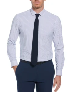 CLEARANCE Slim Fit Knit Navy and White Thin Stripe Dress Shirt