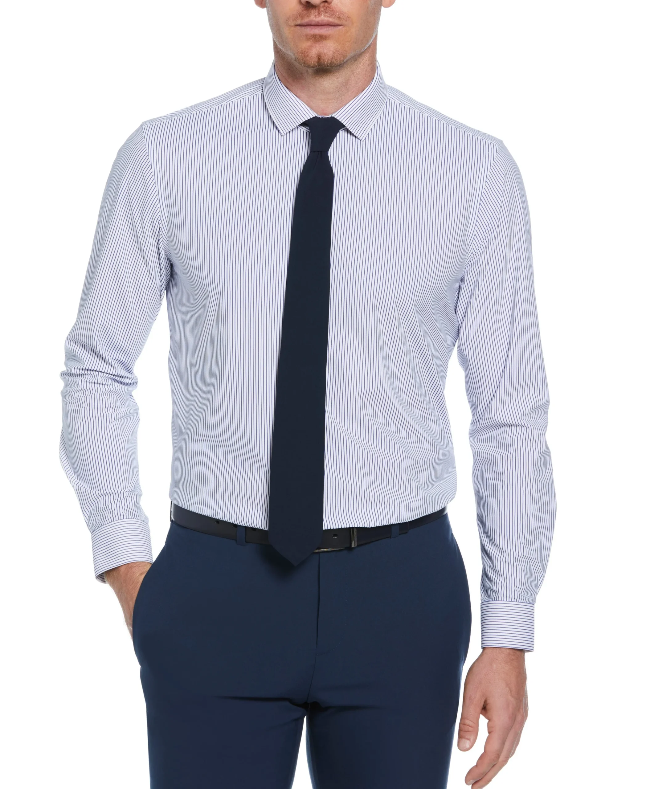 CLEARANCE Slim Fit Knit Navy and White Thin Stripe Dress Shirt