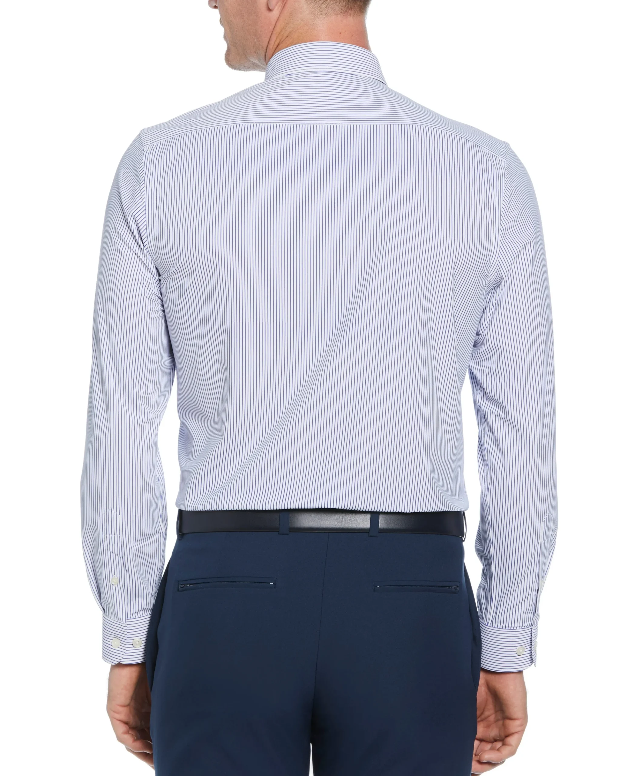 CLEARANCE Slim Fit Knit Navy and White Thin Stripe Dress Shirt