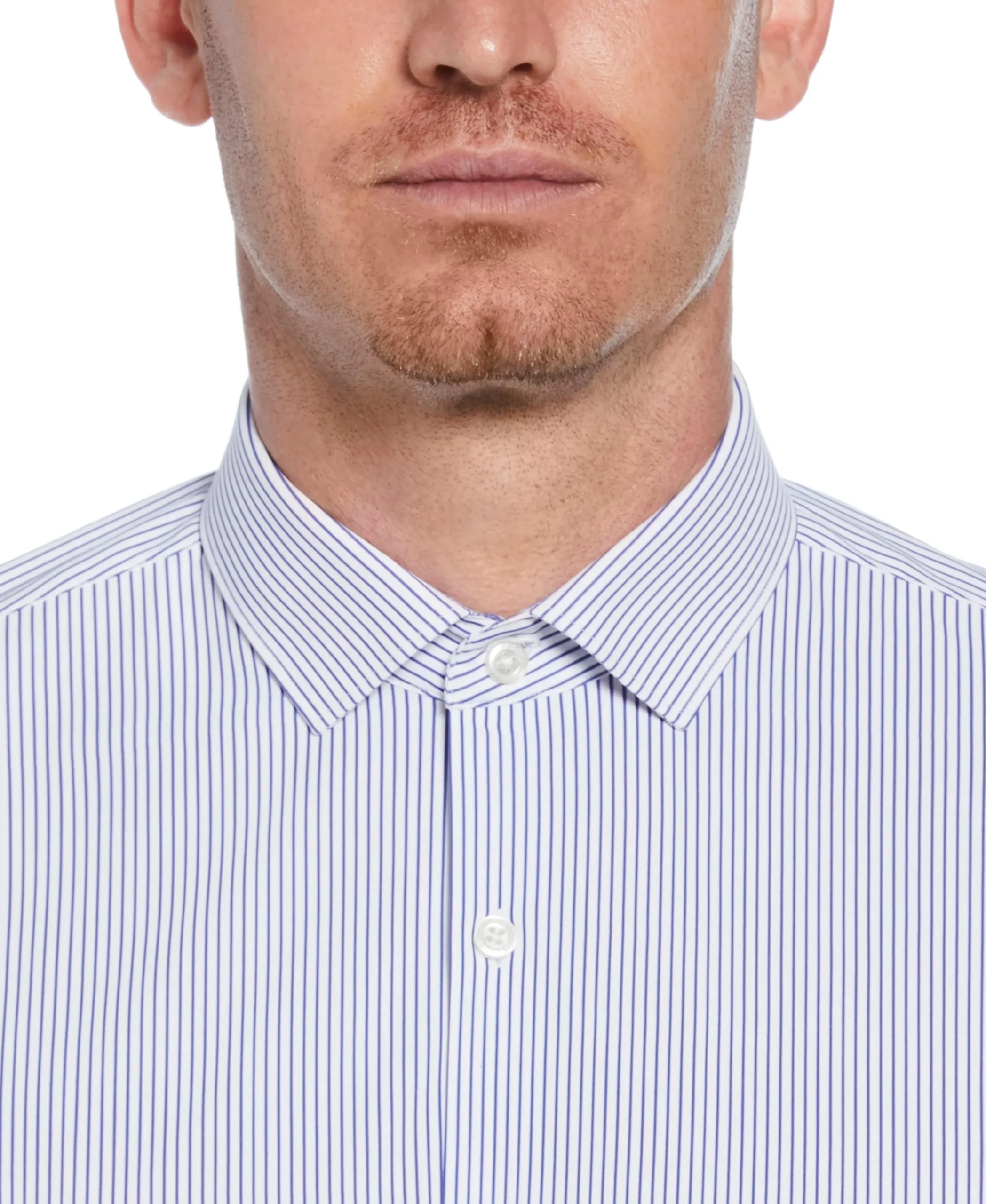 CLEARANCE Slim Fit Knit Navy and White Thin Stripe Dress Shirt