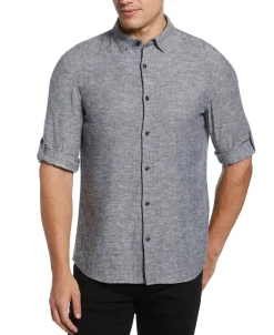 CLEARANCE Untucked Slim Fit Linen Blend Rolled Sleeve Shirt - Navy Blue