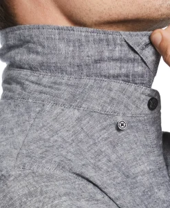CLEARANCE Untucked Slim Fit Linen Blend Rolled Sleeve Shirt - Navy Blue