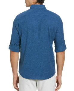 CLEARANCE Untucked Slim Fit Linen Blend Rolled Sleeve Shirt - Blue