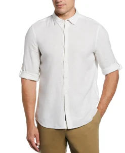 CLEARANCE Untucked Slim Fit Linen Blend Rolled Sleeve Shirt - White