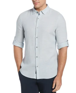 CLEARANCE Untucked Slim Fit Linen Blend Rolled Sleeve Shirt - Blue
