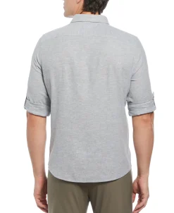 CLEARANCE Untucked Slim Fit Linen Blend Rolled Sleeve Shirt - Gray