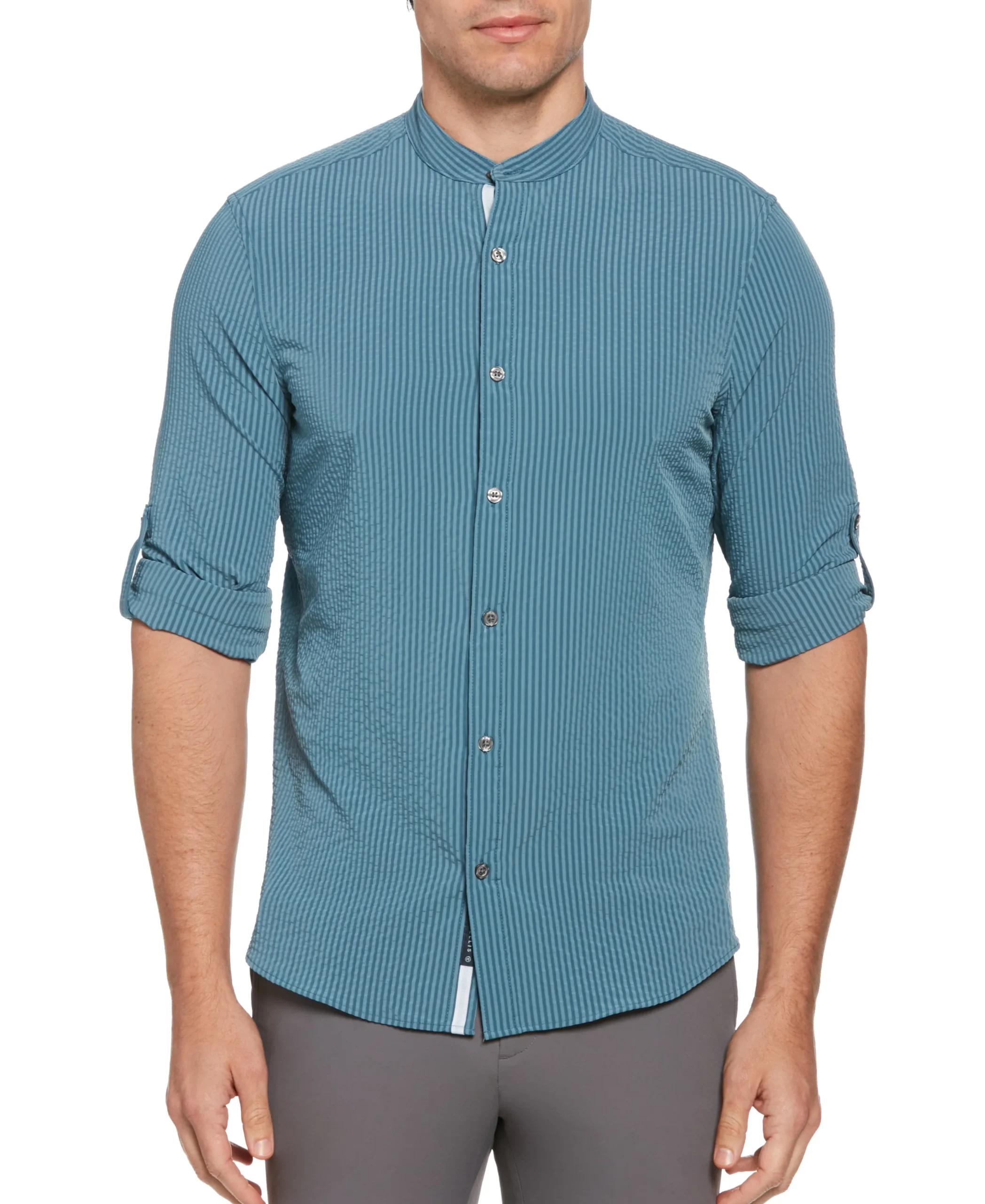 CLEARANCE Untucked Total Stretch Slim Fit Seersucker Shirt - Blue