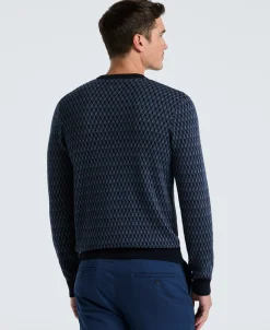 NEW! Cotton Blend Geo Jacquard Crew Neck Sweater