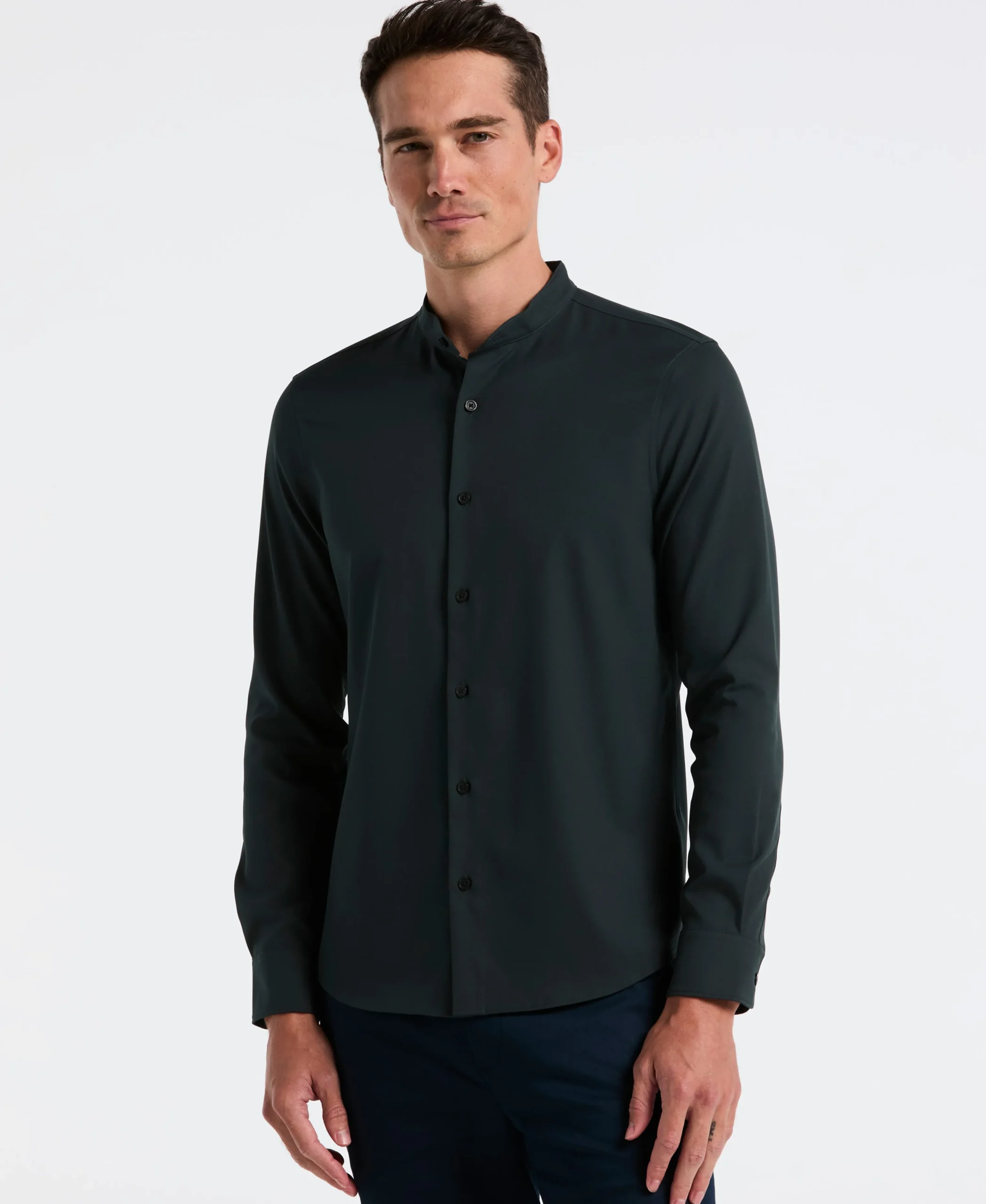 NEW! Untucked Total Stretch Slim Fit Banded Collar Shirt - Green