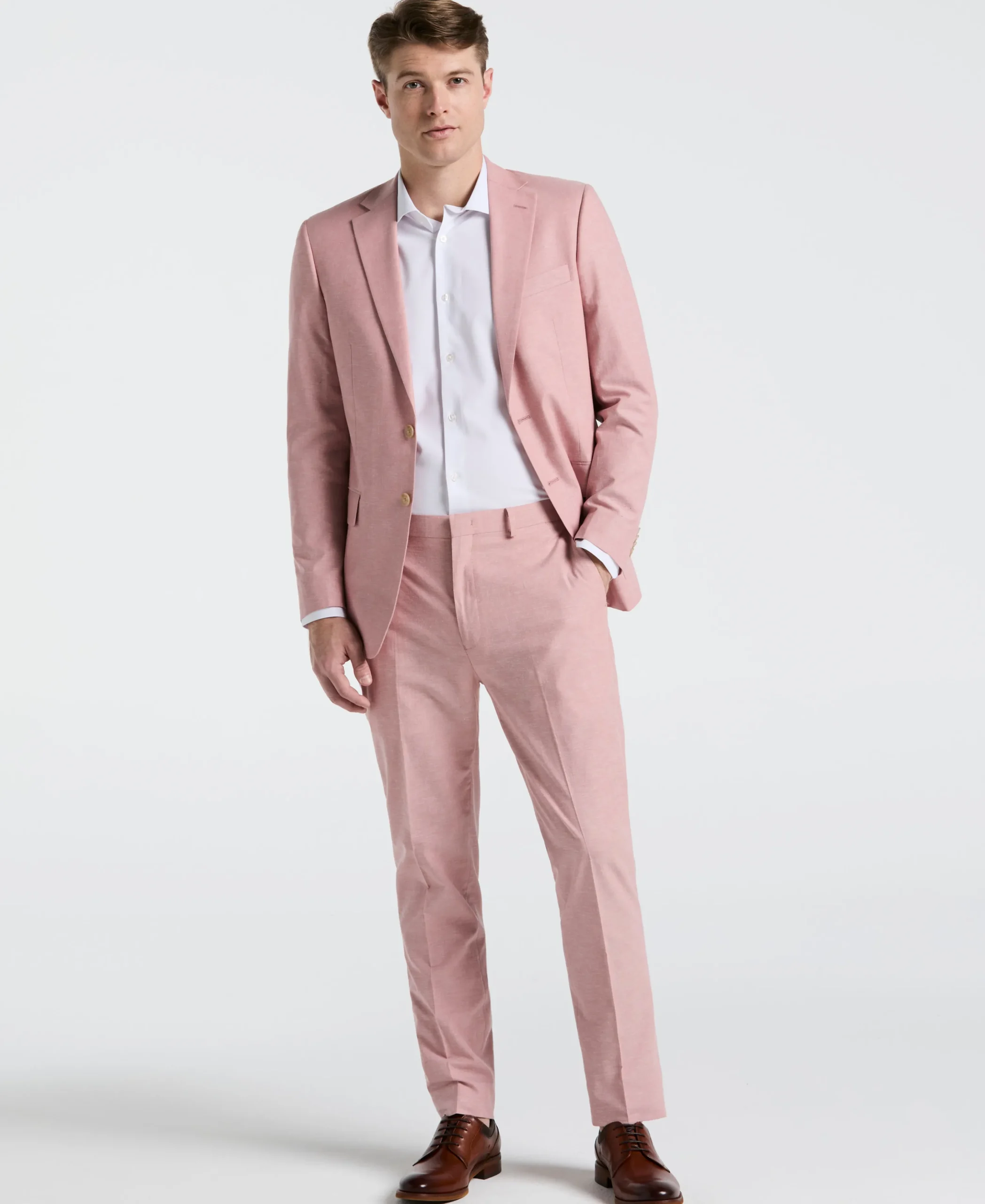 Slim Fit Pink Solid Linen Blend Suit