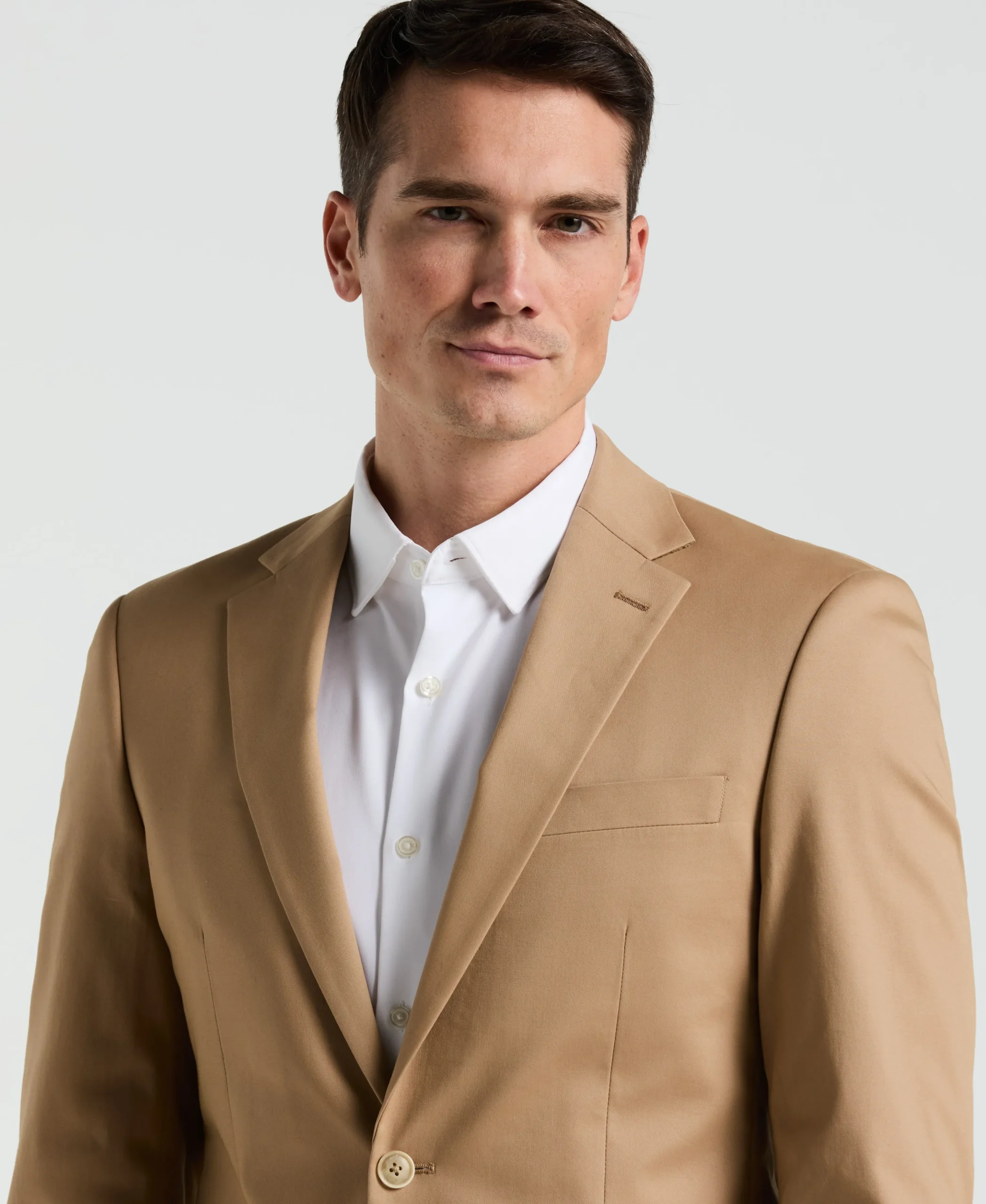 Slim Fit Tan Solid Cotton Blend Suit